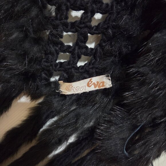 Crochet Poncho with Genuine Rabbit Fur Trim & Fringe Black - Picture 5 of 6